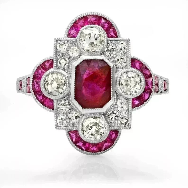 Art Deco Style Ruby & Lab Created Diamond Engagement 14K White Gold Finish Ring