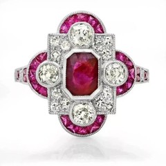 Art Deco Style Ruby & Lab Created Diamond Engagement 14K White Gold Finish Ring