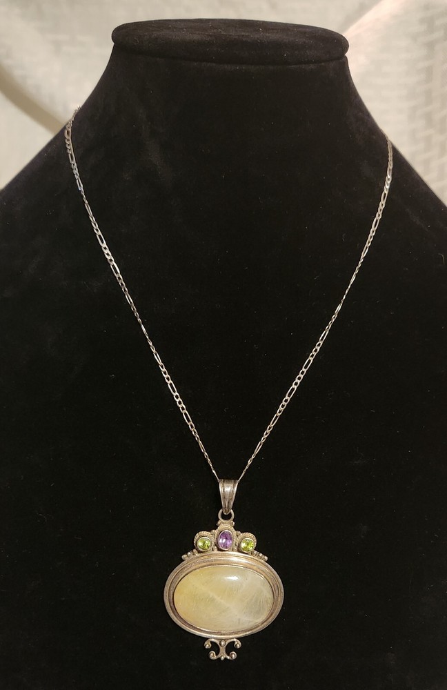 Vintage Prehnite and Peridot Sterling Pendant Necklace