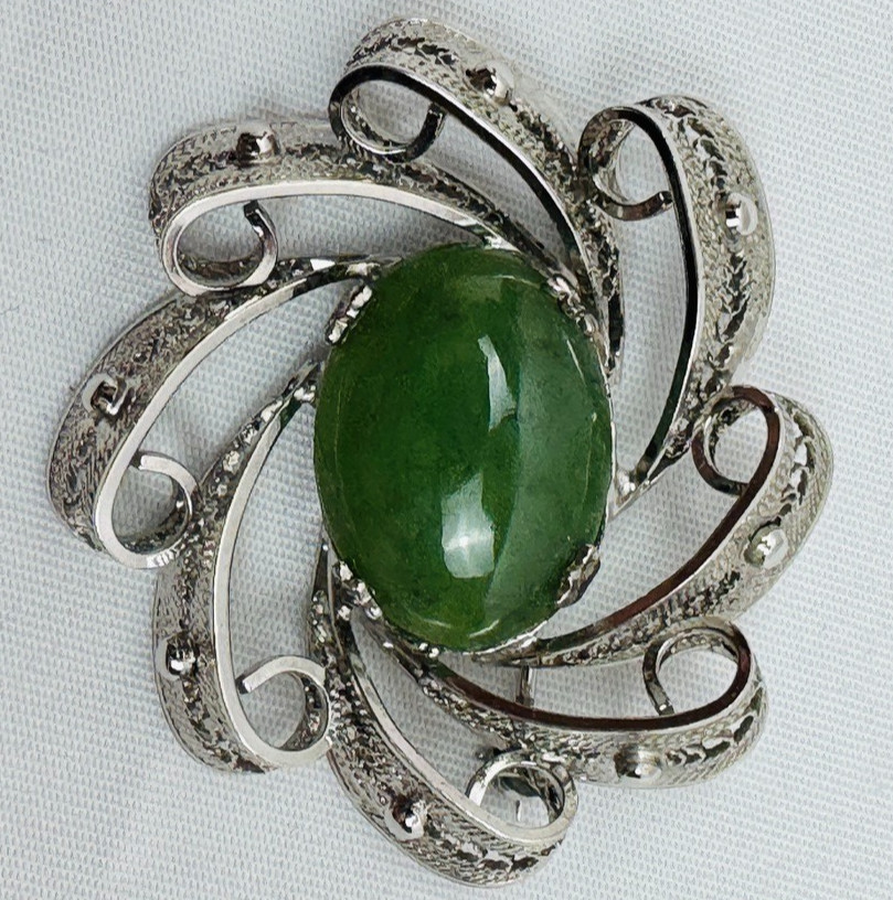 Vintage Sorrento Oval Jade Sterling Silver Brooch Pin Flower