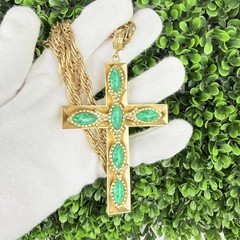 Vintage Whiting Davis Gold Tone Chunky Cross Faux Stones Long Pendant Necklace