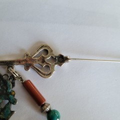 Vintage Chinese Chatelaine Key Brooch Pin Silver Turquoise Coral Carnelian Jade