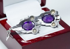 925 Sterling Silver Antique Art Deco Drop Earrings 12.00 ct Amethyst Markasite
