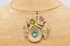 Vintage Cabochon Seashell Pendant Necklace Gold Choker Starfish Seahorse BinG