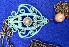 Vintage Patina Metal Filigree Medallion Tassel Necklace Art Nouveau 28″