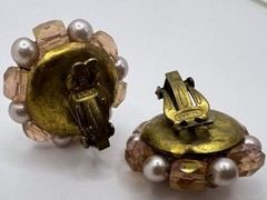 Vintage JAPAN Faux Pearl & Peach Aurora Borealis Beaded Cluster Clip On Earrings