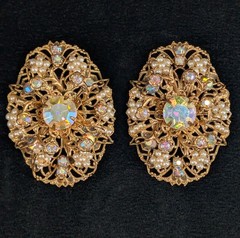 Vintage Gold Tone Filigree Clip On Earrings Faux Seed Pearl Aurora Borealis Oval