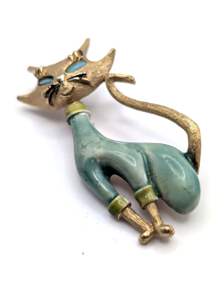 Vintage Atomic Cat Brooch Teal Enamel Gold Tone Mid Century Modern Space Age Pin