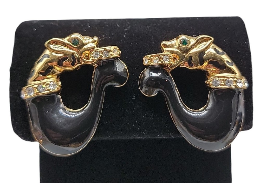 Jackie Collins Rare Clip On Earrings Figural Cougar Loop Black Enamel Rhinestone