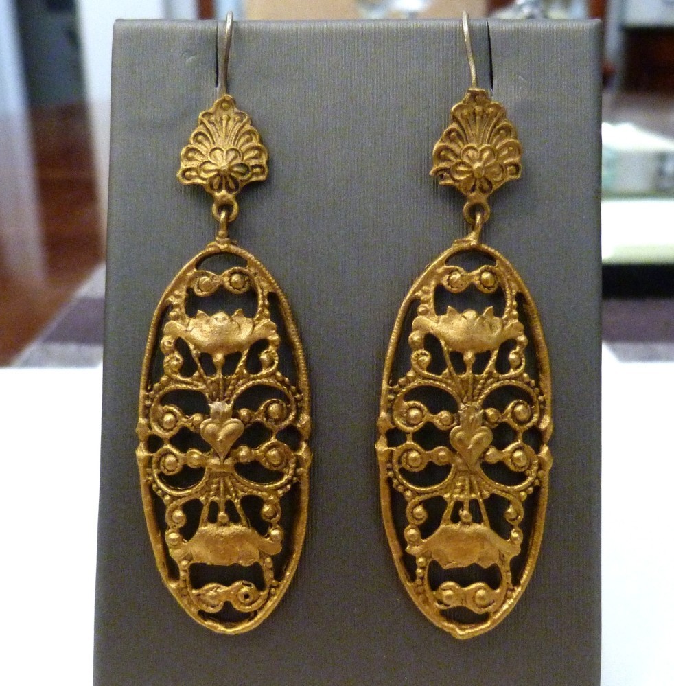 3 1/8″ LONG VSA || VIRGINS SAINTS & ANGELS SACRED HEART FLOWER FILIGREE EARRINGS