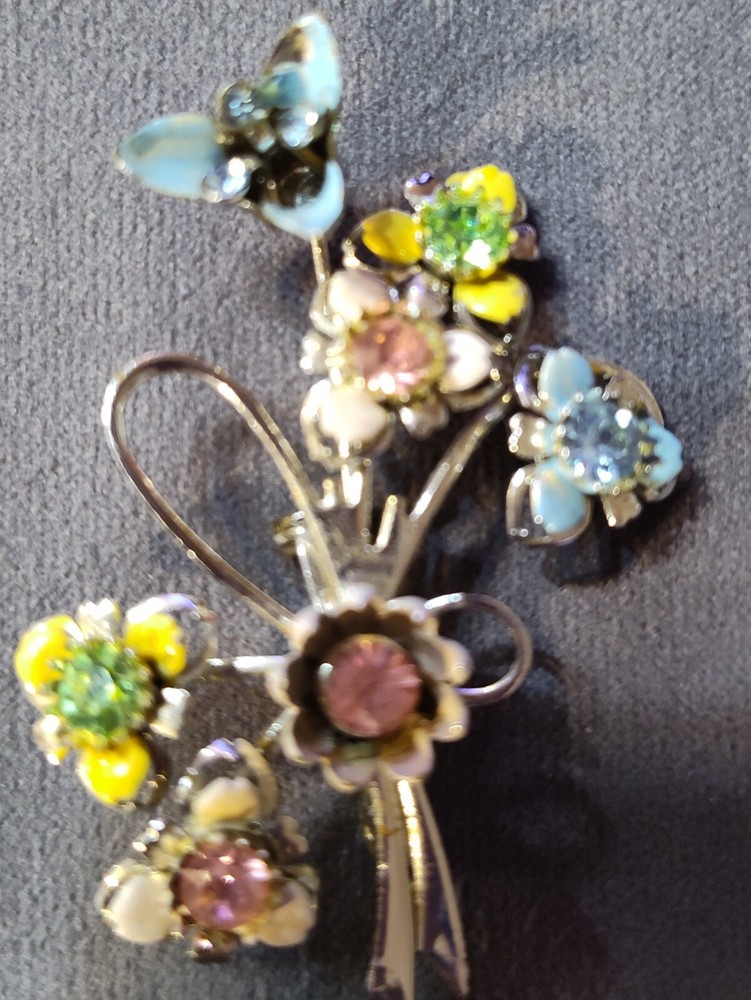 Vintage Beautiful Flower Rhinestone Brooch Pink White Blue Yellow Green Special