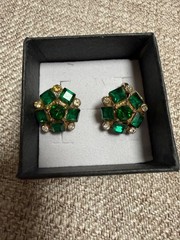 Vintage Green Rhinestone Screw Back Earrings Gold Tone Emerald Glass Art Deco