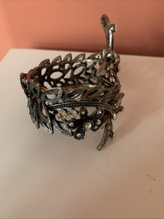Vintage Blackened Silver Toned Butterfly Rhinestone Hinged Cuff Bracelet