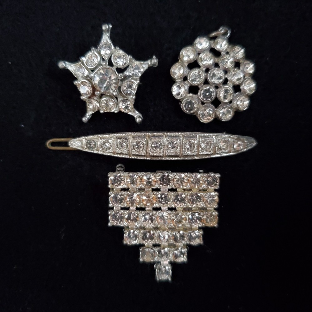 Vintage Pot Metal Lot Rhinestone Brooch Pendant Barrette Silver Tone