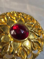 Vintage Lady Remington Round Brooch Gold Tone With Faux Red Gem