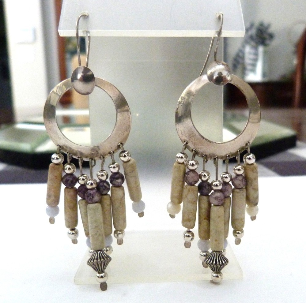 3 1/8″ LONG VTG SOUTHWEST STERLING SILVER BLUE LACE AGATE JASPER BEAD EARRINGS