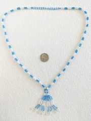 Vintage Southwestern Sky Blue & White Glass Seed Beaded Tassel Boho Necklace