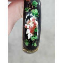 Vintage Cloisonne Enamel Floral Bangle Bracelet Black Gold Hinged Box Clasp 2.25