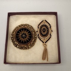 Vintage Victorian Revival Brooch Lot of 2 Gold Black Enamel Tassel Filigree