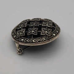 Vintage Art Deco Markasite Round Geometric Domed Sterling Silver 925 Brooch Pin