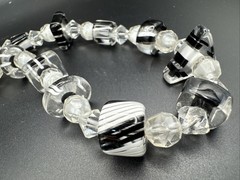 Art Deco Style Glass Bead Necklace Clear & Black & White Stripe 21”