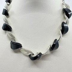 Vintage MCM Mid Century Silver Tone Filigree Leaf Black Cabochon Choker Necklace