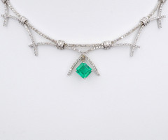 Vintage 2.5ct Columbian Emerald Diamond Bib Necklace 14k White Gold 16″ NG1976