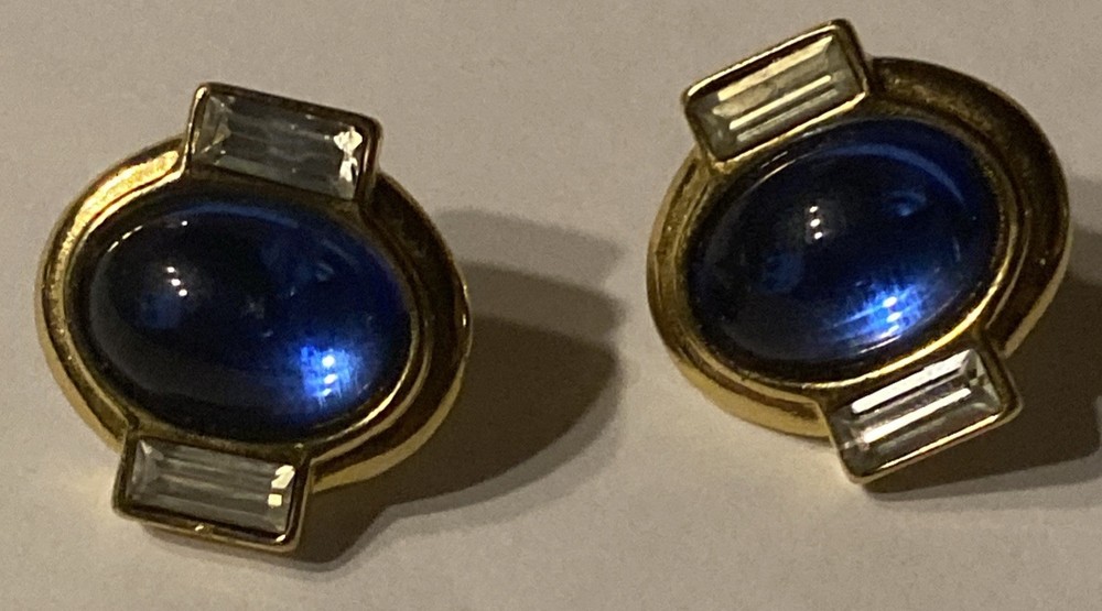 YSL Yves Saint Laurent Blue Glass Cabochon Gold-tone Pierced Earrings