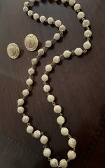 Ocean Jasper Vintage Beaded Beige Marbled Stone Necklace Pierced Earrings Set