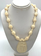 VTG Hand Carved Bovine Bone Floral pendant Roses beaded Necklace 22″ Boho