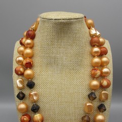 Vintage Hong Kong Necklace MCM Beaded Orange Brown Double Strand 19 Inch