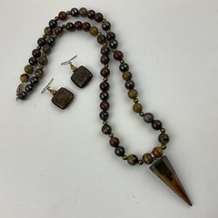Vtg Genuine Jasper Hexagonal Pyramid Pendant Necklace Earring Set Earth Tones