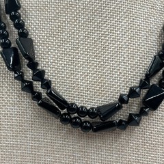 Vintage Double Strand Jet Black Beaded Statement Necklace Mixed Shapes Art Deco