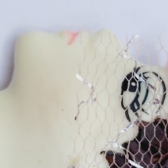 Painted Lady Face with Pink Hat and Veil Short Hair Brunette Vintage Brooch Pin