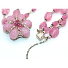 Vintage Signed Miriam Haskell Pink Art Glass 3 Strand Floral Bracelet