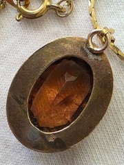 Vintage Gold TonedAmber Glass Pendant Necklace Victorian Revival 24 Inch