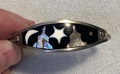 Vintage Silver Tone Alpaca Mexico Enamel & Abalone Night Scene Cuff Bracelet