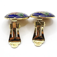 Cloisonné Small Butterfly & Flowers Round Blue Enamel Gold Tone Clip On Earrings