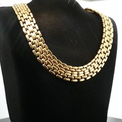 Vintage 5‑Row Panther Link Choker Necklace Gold Tone Wide Brick Mesh 1960s–1980s