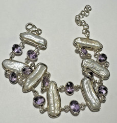 Lavender Amethyst Stone 6″ -7″ White Pearl Beads Silver Vintage 14.3g Bracelet