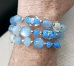 Vintage Venetian Glass Floral Beaded Bracelet Blue Moonglow Lucite Wrap Adjusts