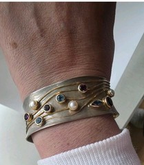 Sterling Silver 925 Artisan Cuff & Ring Set Mixed Metal Gold Accents Multi Stone