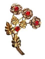 VINTAGE 12 KT GF on STERLING SILVER VERMEIL RED RHINESTONES FLOWER BROOCH 1940s