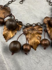 Vintage Copper Tone Leaf Necklace Bib Cherries Fall Autumn 19”