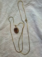 Vintage Gold TonedAmber Glass Pendant Necklace Victorian Revival 24 Inch