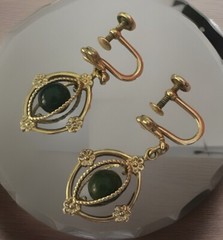 AMCO 14KT Gold Overlay Green Nephrite In A Cage Dangle Screw Back Earrings Bx15