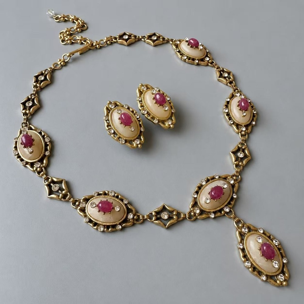 Vintage Victorian Pink Stone Necklace Set Estate Statement Jewelry Gift for Her