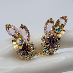 Glamorous AB Crystal Flower Floral Pale Rhinestone Climber Vtg Clip On Earrings