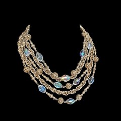 Vintage AB Crystal Glass Bead Multi Strand Gold Tone Bib Necklace 1950s 1960s