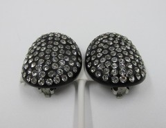 Large Black Lucite Flush Set Rhinestone Clip Earrings Mid-Century Vintage